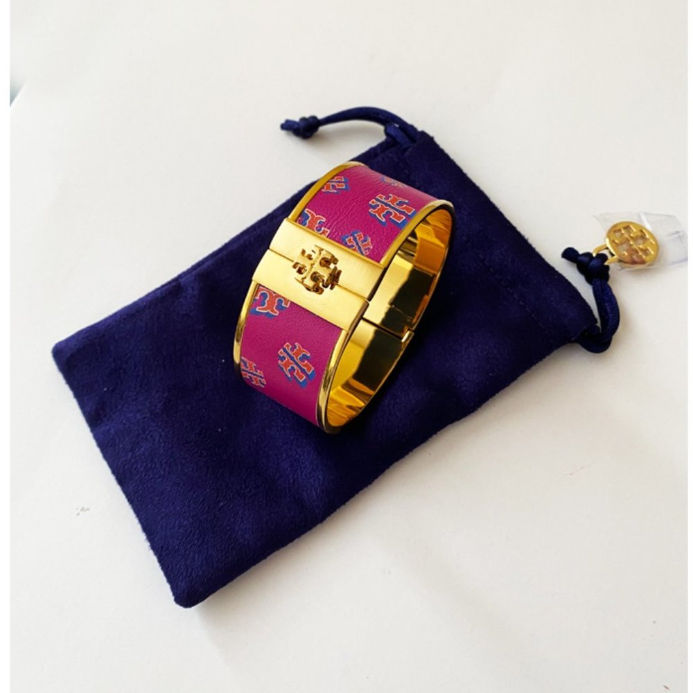 ToryBurch Skinny Leather Pink Gold Cuff Bracelet - Picture 3 of 3